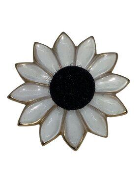 White Enameled Daisy Pin with gold tone metal base and black center Brooch
